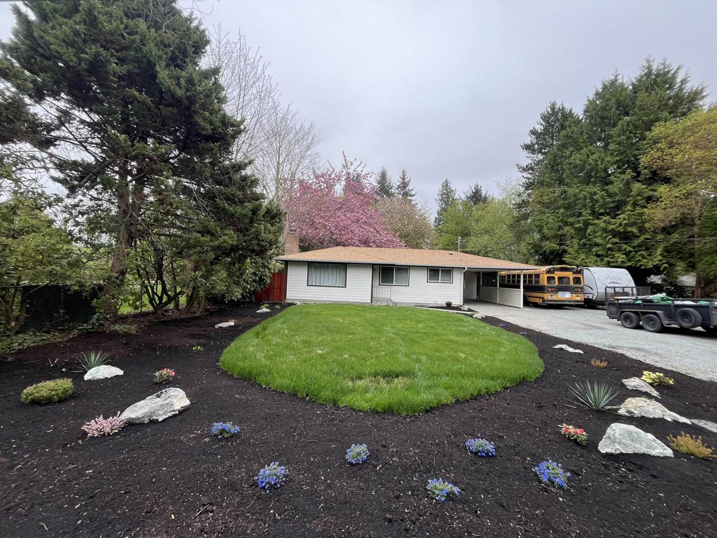 Landscaped garden corner with stone pathway
